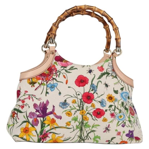 GUCCI Bamboo Flora Shoulder Bag Canvas Multicolor Gold 137395 Auth 137847A - Picture 1 of 16